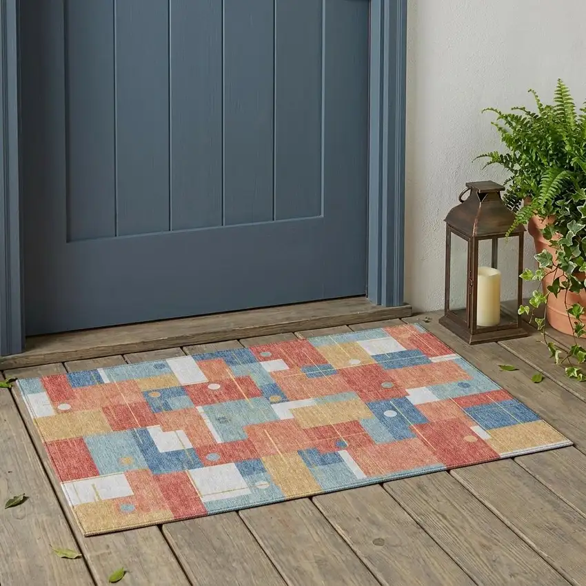 Coral And Brown Geometric Washable Indoor Outdoor Area Rug Photo 1