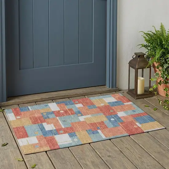 Coral And Brown Geometric Washable Indoor Outdoor Area Rug Photo 1