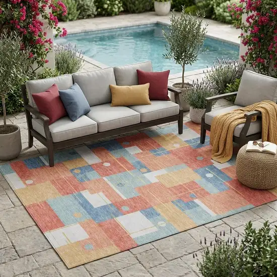 Coral And Brown Geometric Washable Indoor Outdoor Area Rug Photo 1