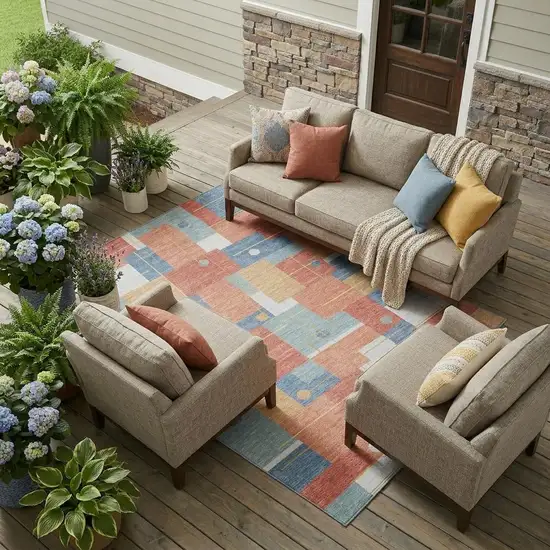 Coral And Brown Geometric Washable Indoor Outdoor Area Rug Photo 1