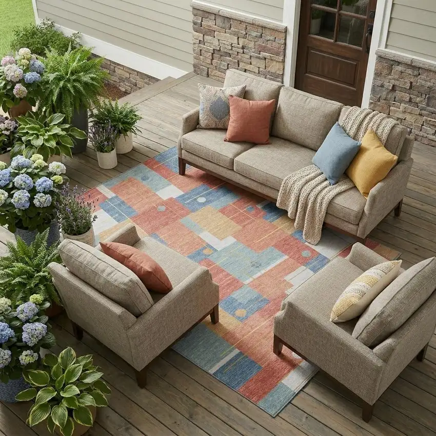 Coral And Brown Geometric Washable Indoor Outdoor Area Rug Photo 1