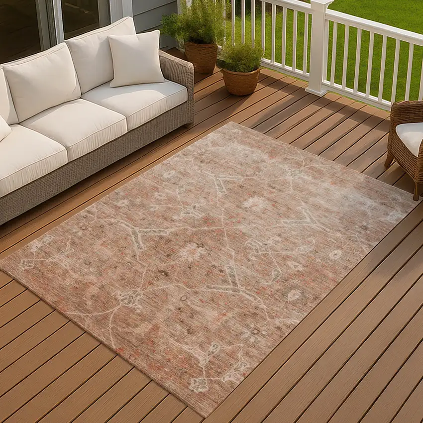 Coral And Copper Floral Washable Indoor Outdoor Area Rug Photo 7