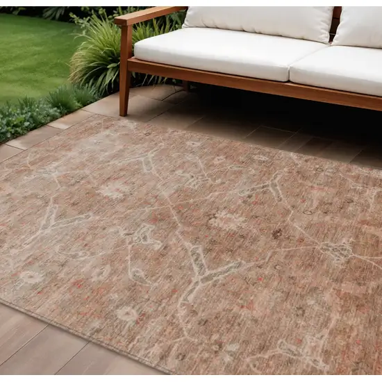 Coral And Copper Floral Washable Indoor Outdoor Area Rug Photo 1