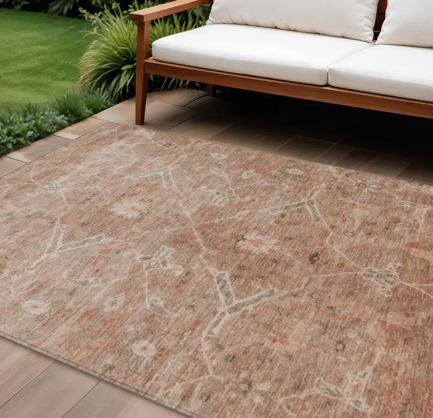 Coral And Copper Floral Washable Indoor Outdoor Area Rug Photo 1