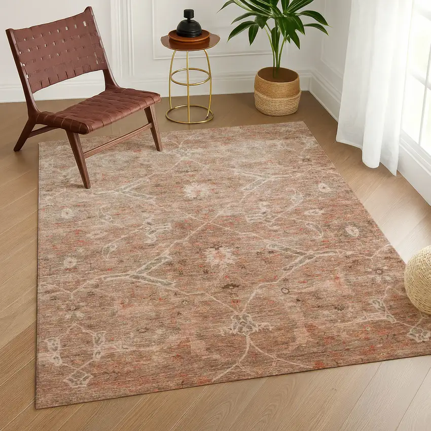 Coral And Copper Floral Washable Indoor Outdoor Area Rug Photo 9