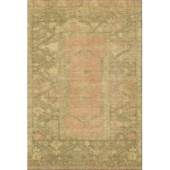 Coral And Gold Oriental Washable Area Rug With UV Protection Photo 3