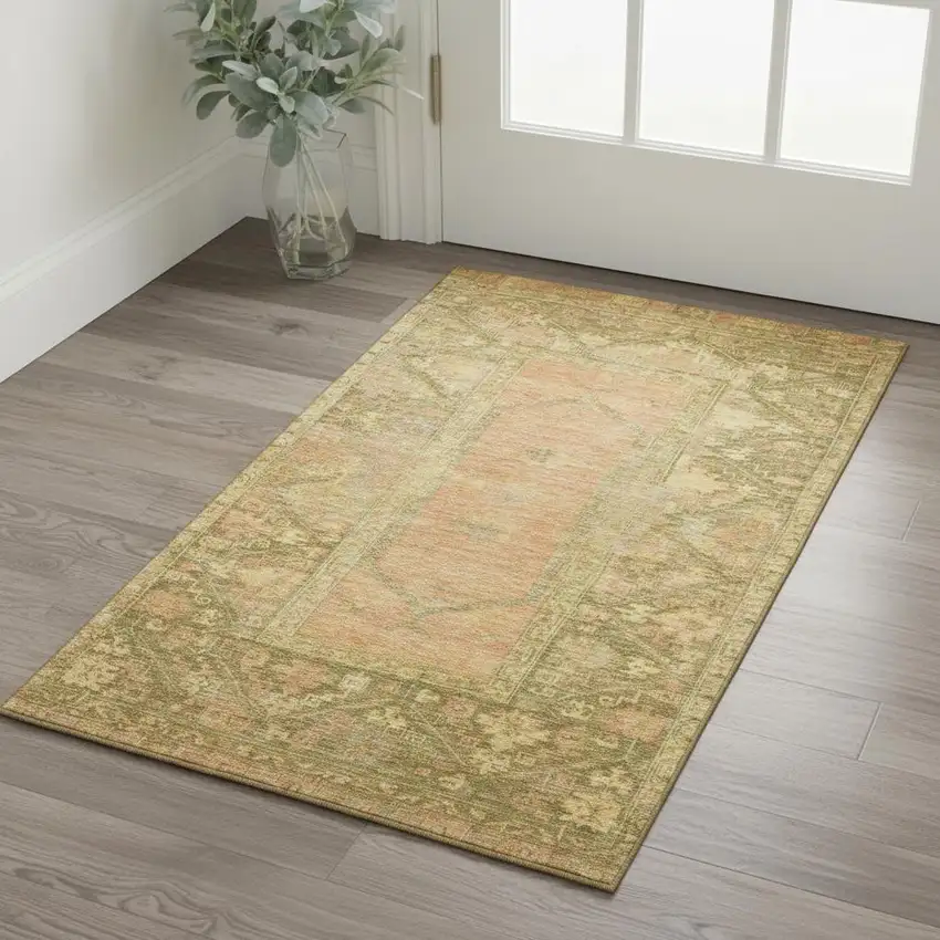 Coral And Gold Oriental Washable Area Rug With UV Protection Photo 2