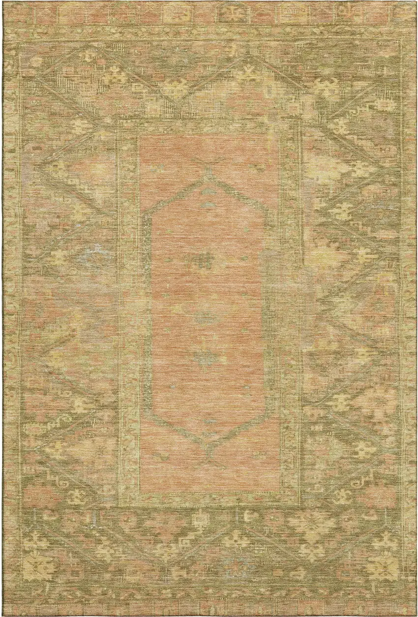Coral And Gold Oriental Washable Area Rug With UV Protection Photo 1