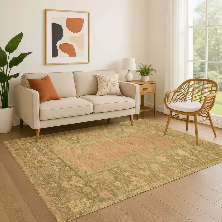 Coral And Gold Oriental Washable Area Rug With UV Protection Photo 4