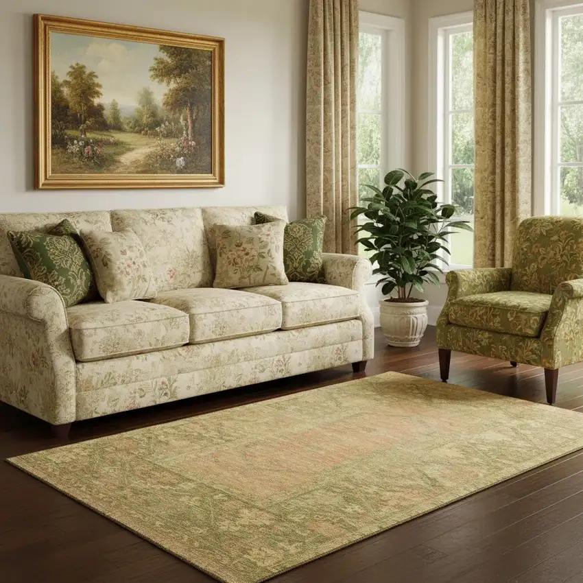 Coral And Gold Oriental Washable Area Rug With UV Protection Photo 2