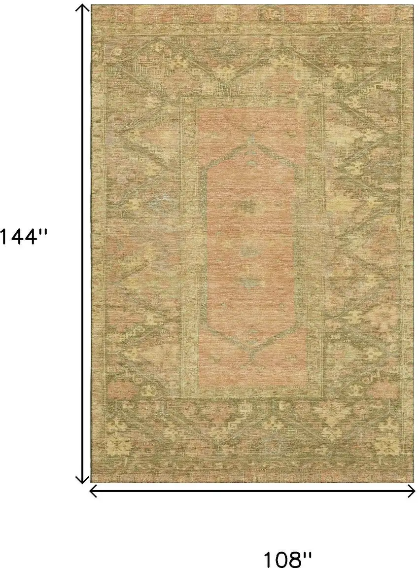 Coral And Gold Oriental Washable Area Rug With UV Protection Photo 9