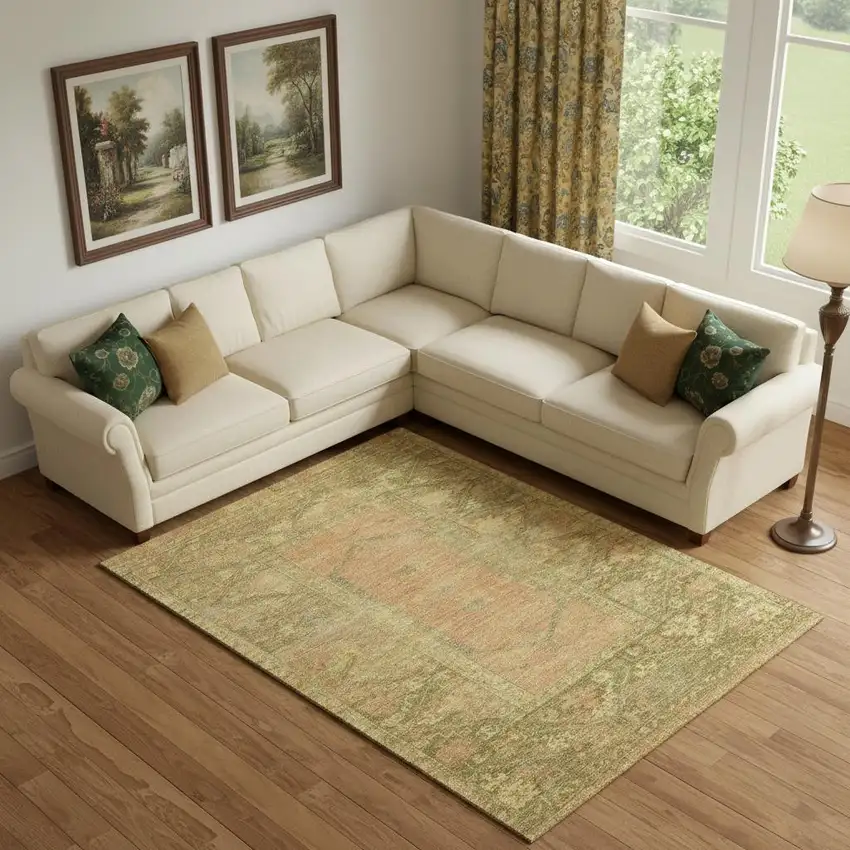 Coral And Gold Oriental Washable Area Rug With UV Protection Photo 2