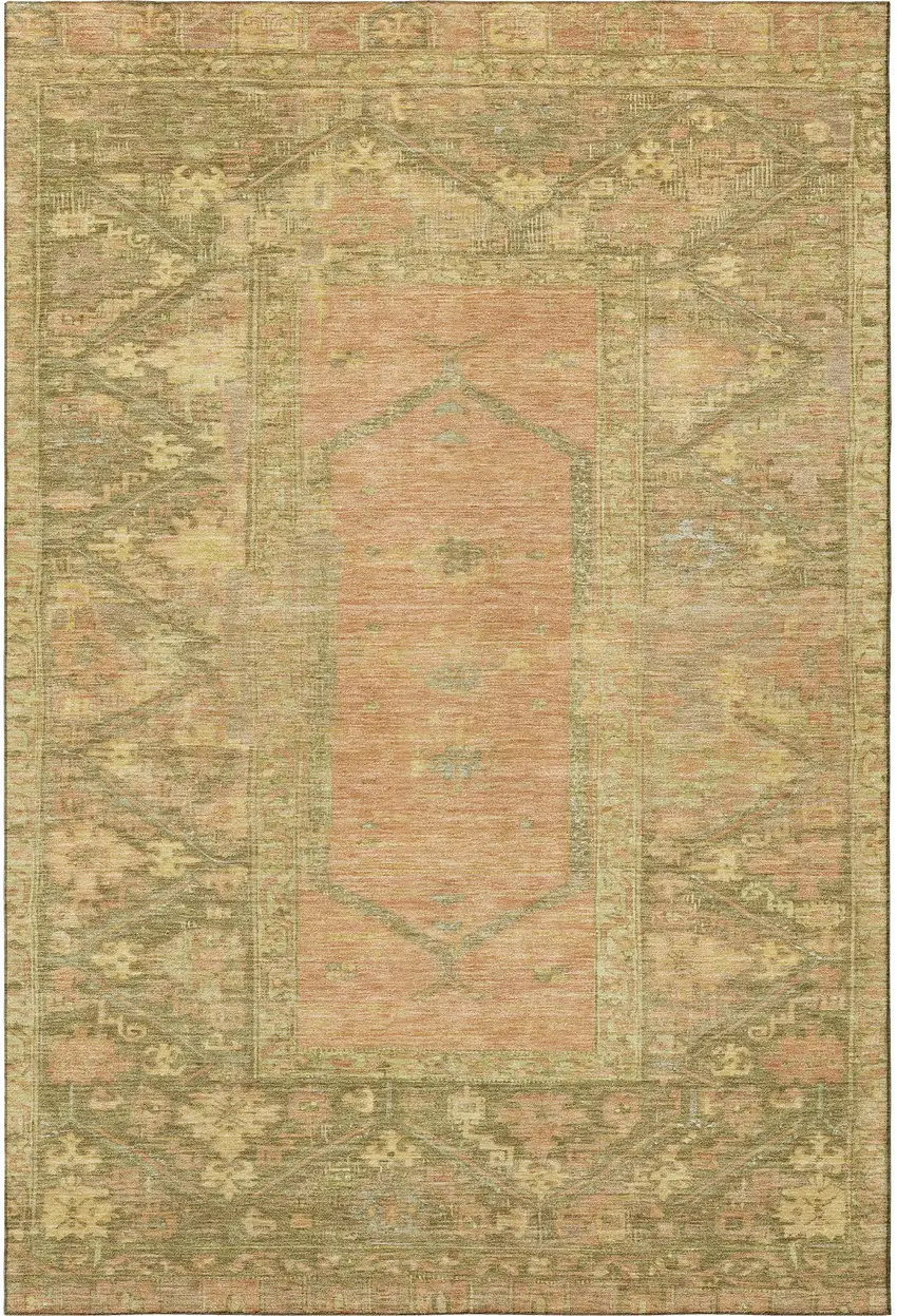 Coral And Gold Oriental Washable Area Rug With UV Protection Photo 2