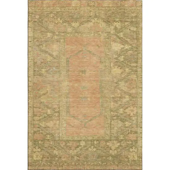Coral And Gold Oriental Washable Area Rug With UV Protection Photo 1