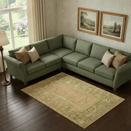 Coral And Gold Oriental Washable Area Rug With UV Protection Photo 2