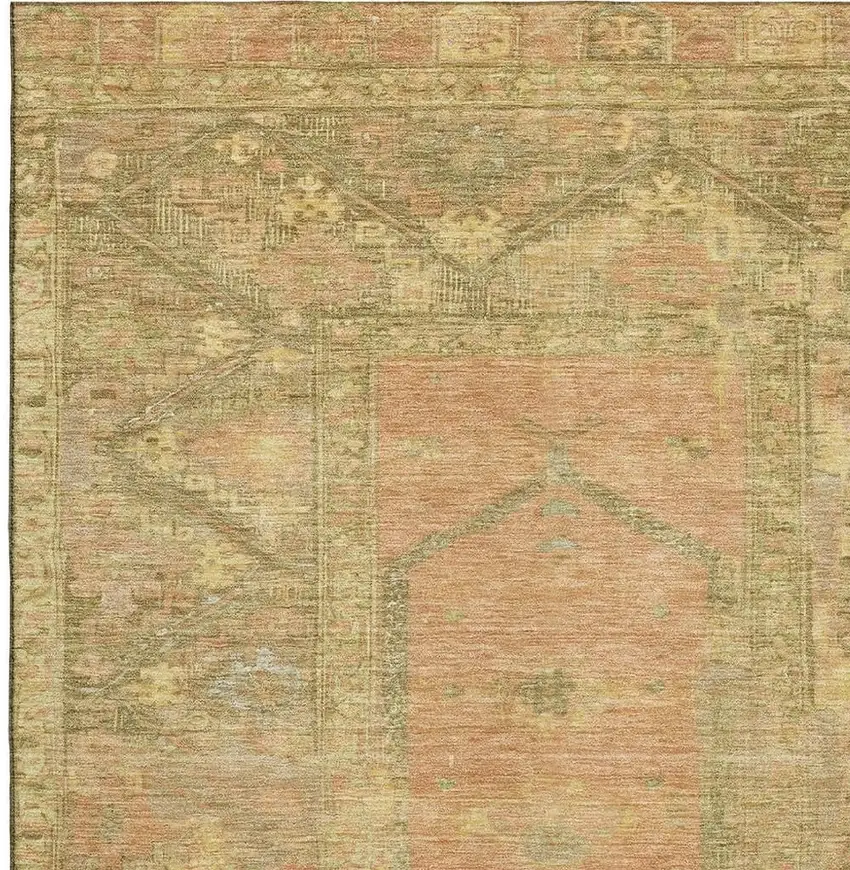 Coral And Gold Oriental Washable Area Rug With UV Protection Photo 2