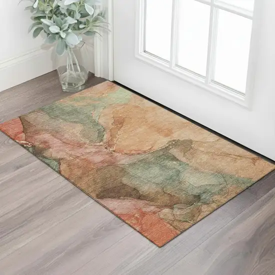 Coral And Gray Abstract Washable Area Rug With UV Protection Photo 2