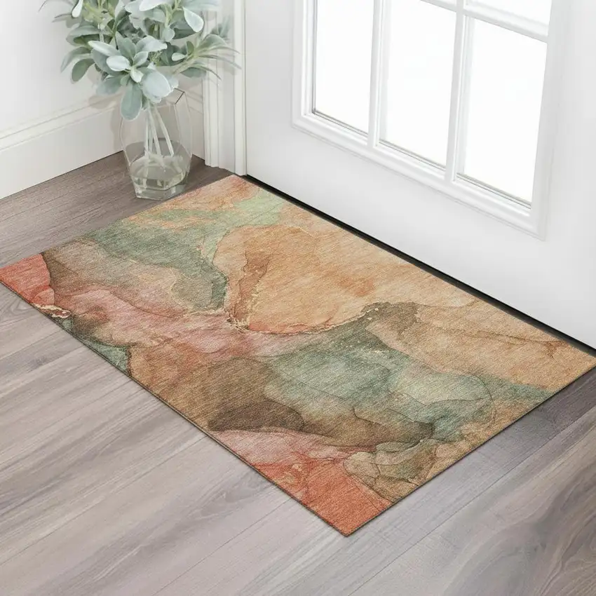 Coral And Gray Abstract Washable Area Rug With UV Protection Photo 2