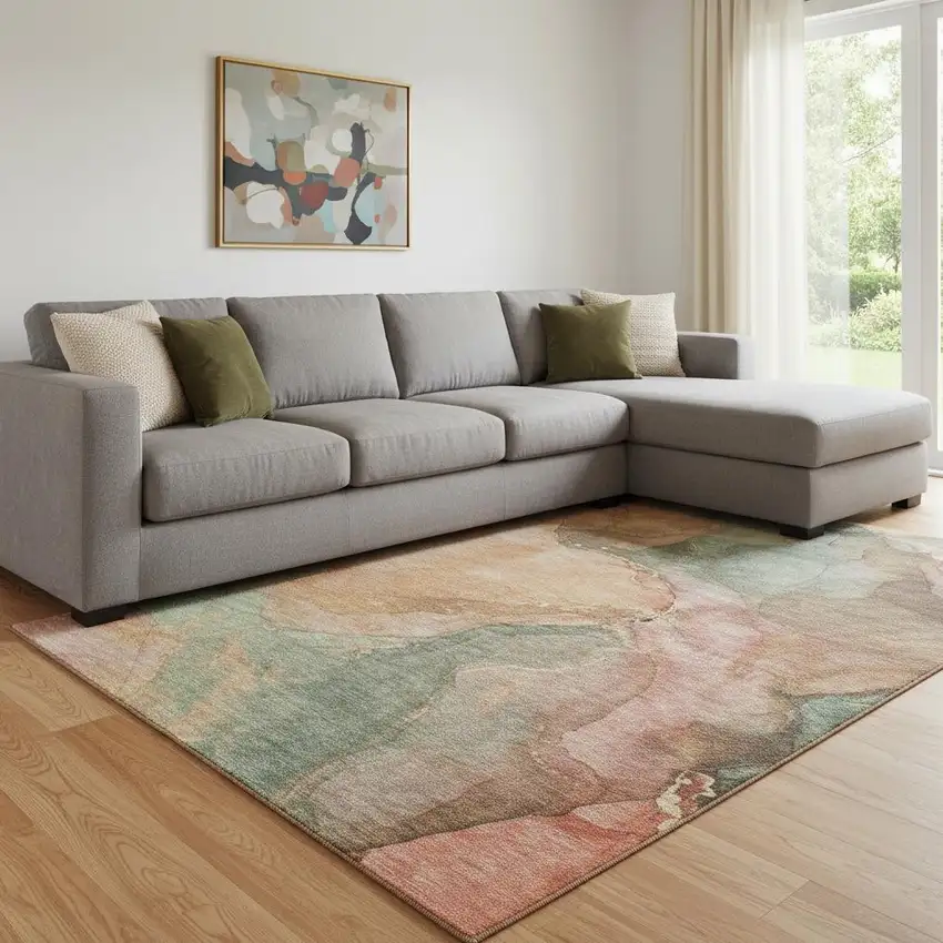 Coral And Gray Abstract Washable Area Rug With UV Protection Photo 2