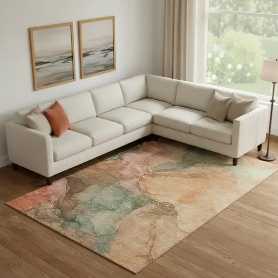 Coral And Gray Abstract Washable Area Rug With UV Protection Photo 2