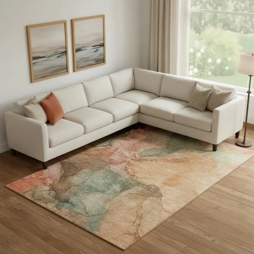Coral And Gray Abstract Washable Area Rug With UV Protection Photo 2