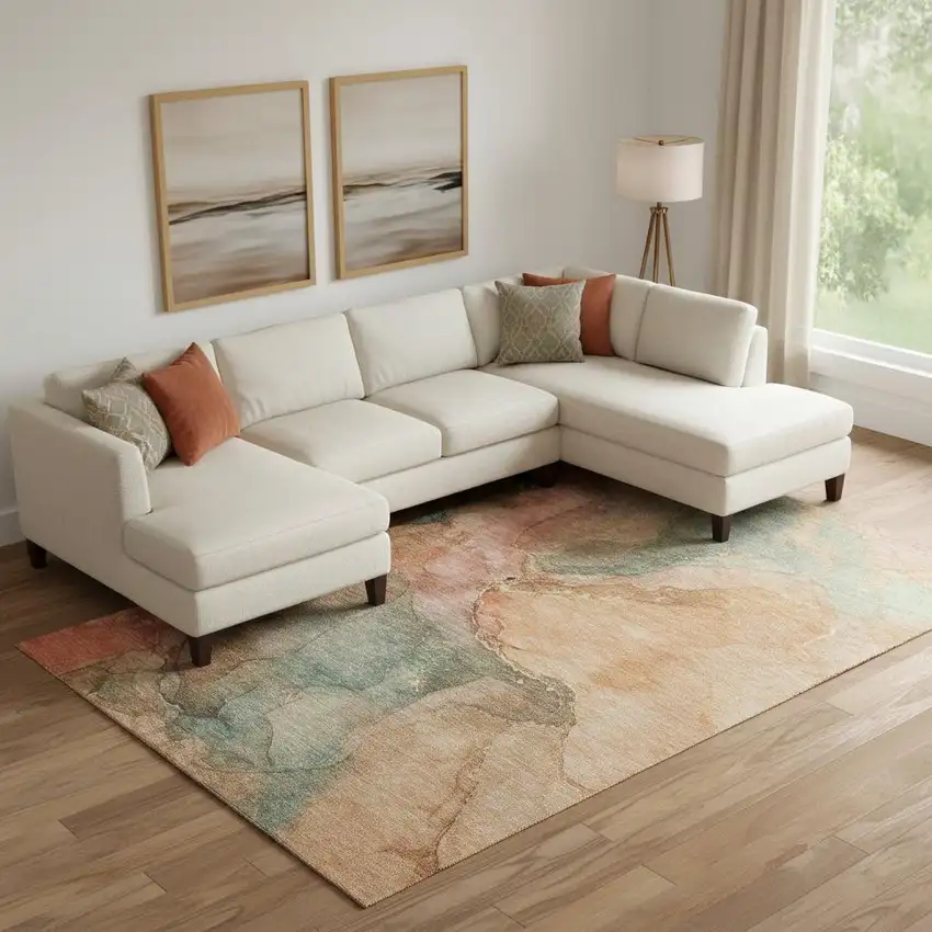 Coral And Gray Abstract Washable Area Rug With UV Protection Photo 2