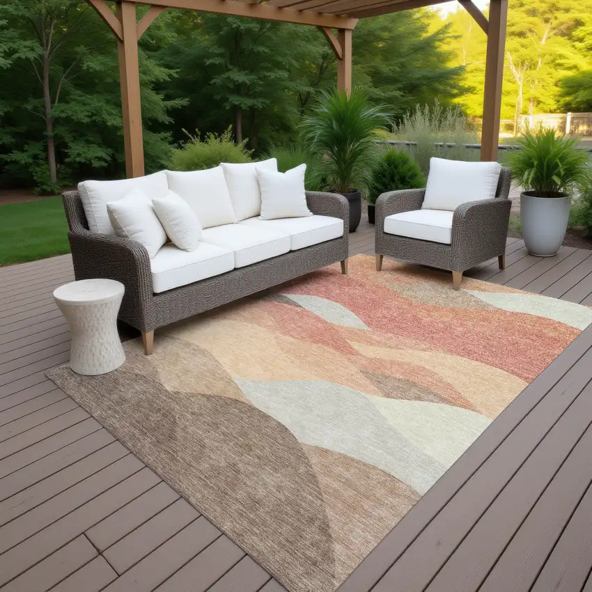 Coral And Gray Abstract Washable Indoor Outdoor Area Rug Photo 7
