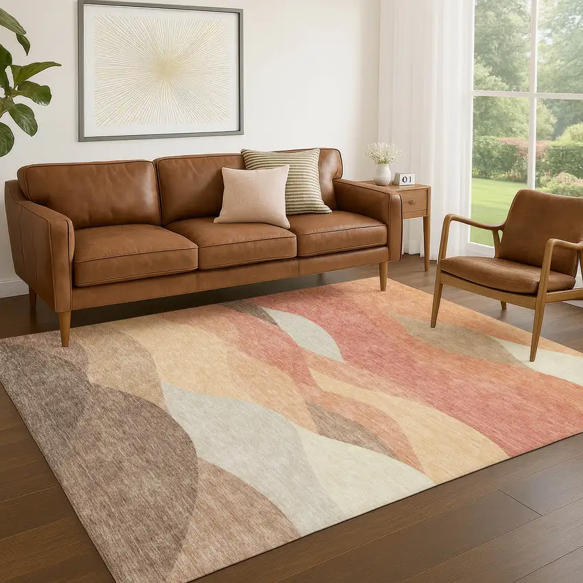 Coral And Gray Abstract Washable Indoor Outdoor Area Rug Photo 5