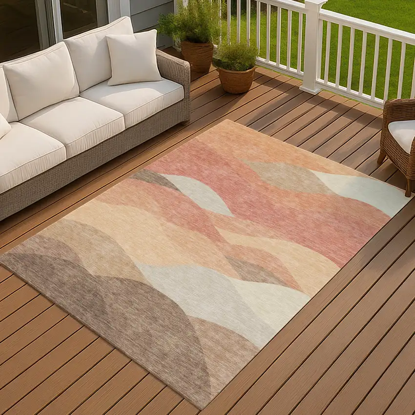 Coral And Gray Abstract Washable Indoor Outdoor Area Rug Photo 4
