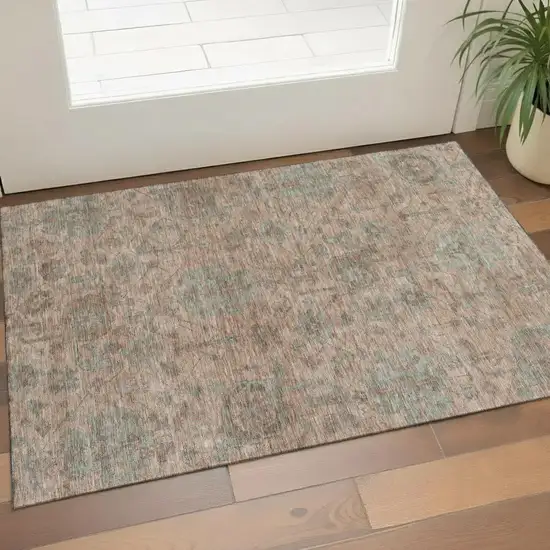 Coral And Gray Damask Washable Area Rug With UV Protection Photo 1