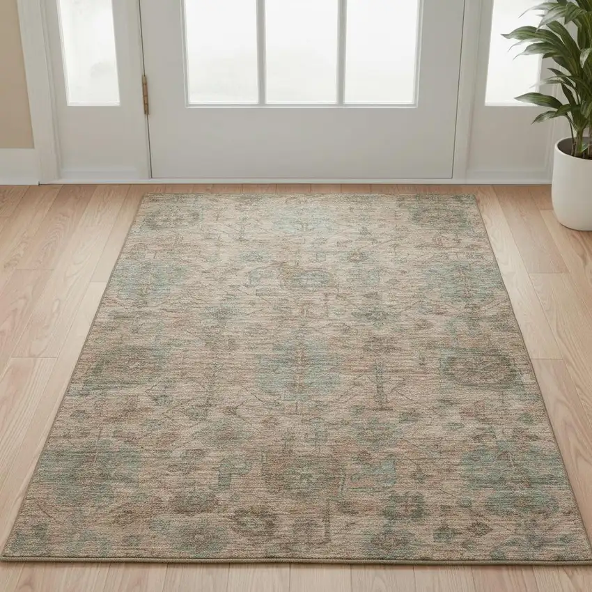 Coral And Gray Damask Washable Area Rug With UV Protection Photo 2