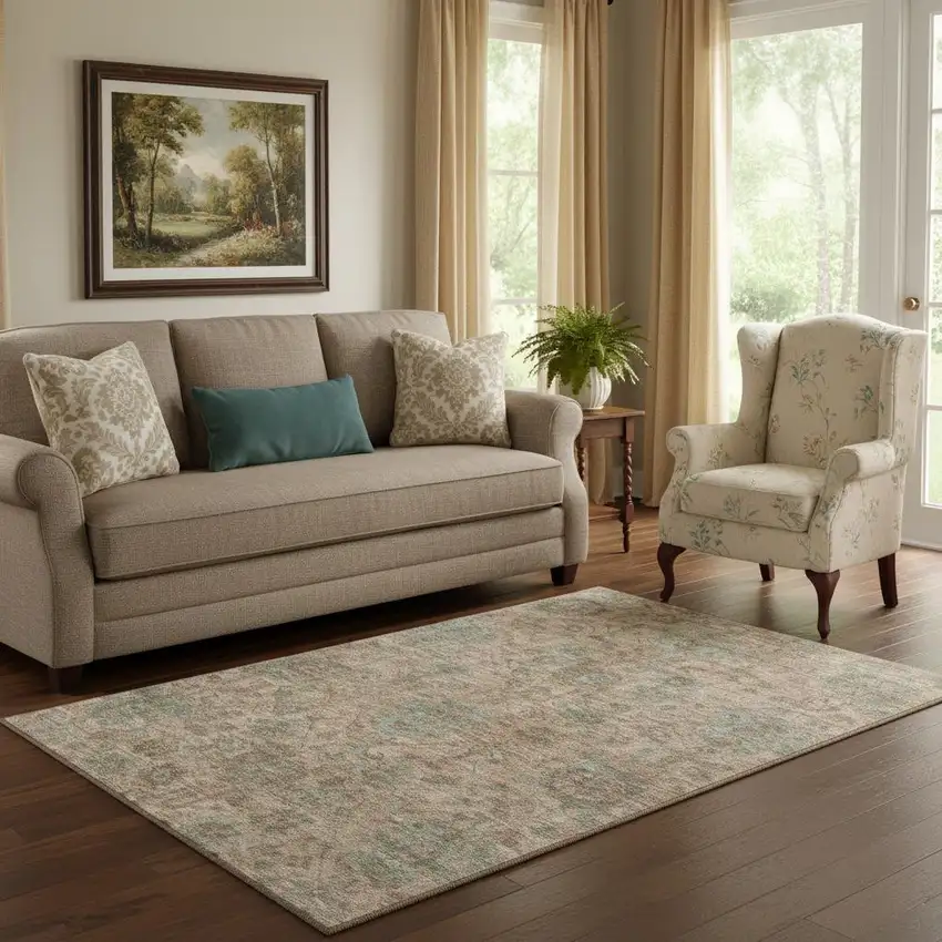 Coral And Gray Damask Washable Area Rug With UV Protection Photo 2