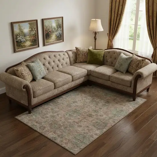 Coral And Gray Damask Washable Area Rug With UV Protection Photo 2