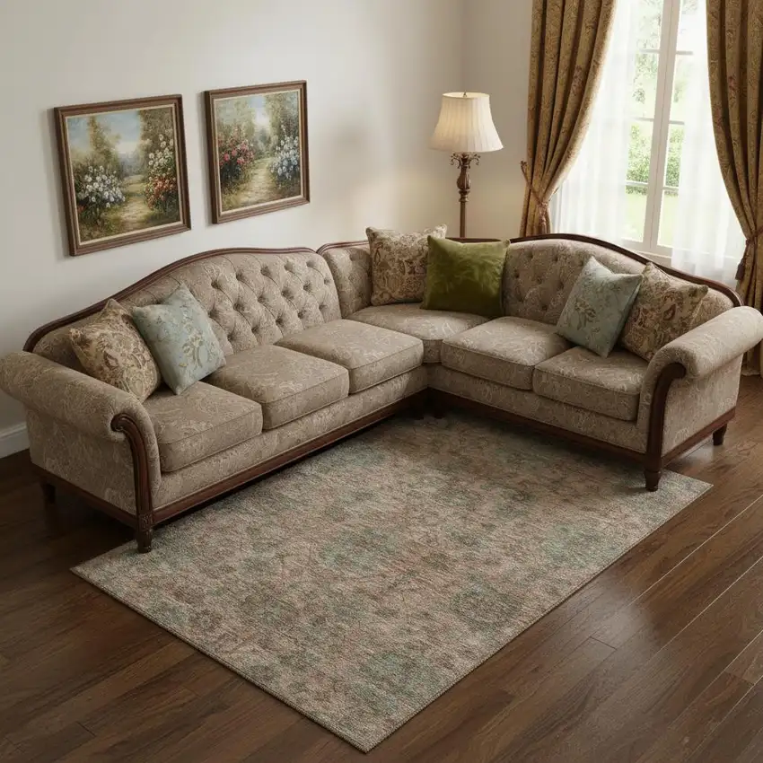 Coral And Gray Damask Washable Area Rug With UV Protection Photo 2