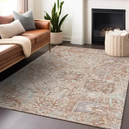Coral And Gray Damask Washable Indoor Outdoor Area Rug Photo 8