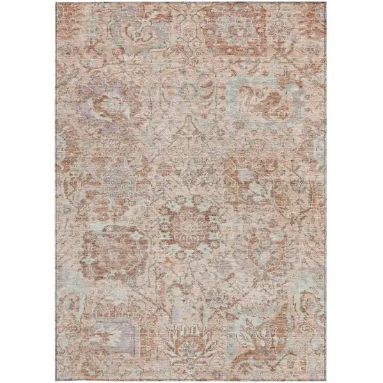 Coral And Gray Damask Washable Indoor Outdoor Area Rug Photo 6