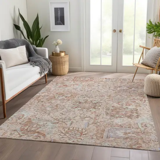 Coral And Gray Damask Washable Indoor Outdoor Area Rug Photo 9