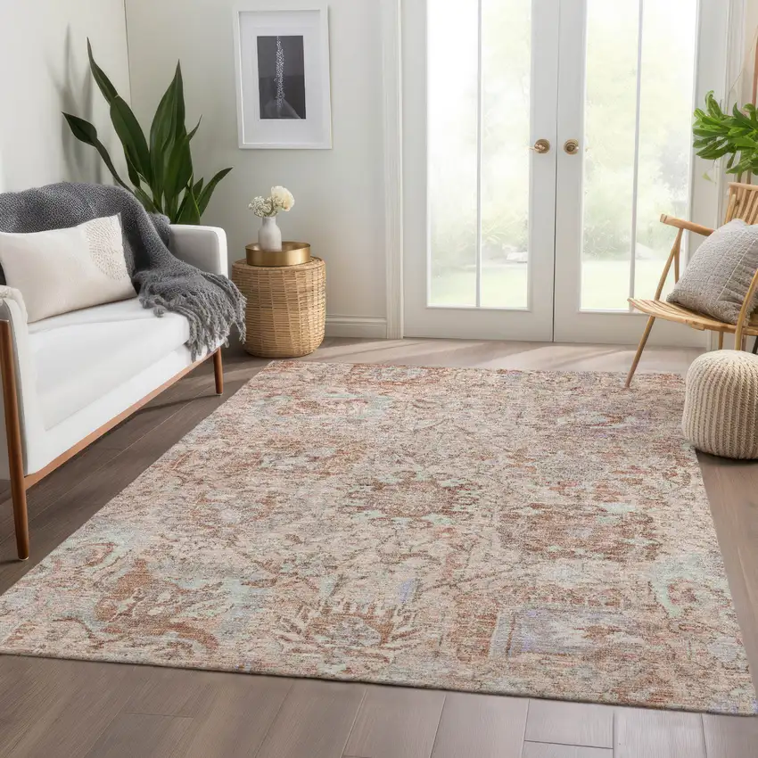 Coral And Gray Damask Washable Indoor Outdoor Area Rug Photo 9