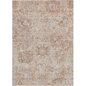 Photo of Coral And Gray Damask Washable Indoor Outdoor Area Rug
