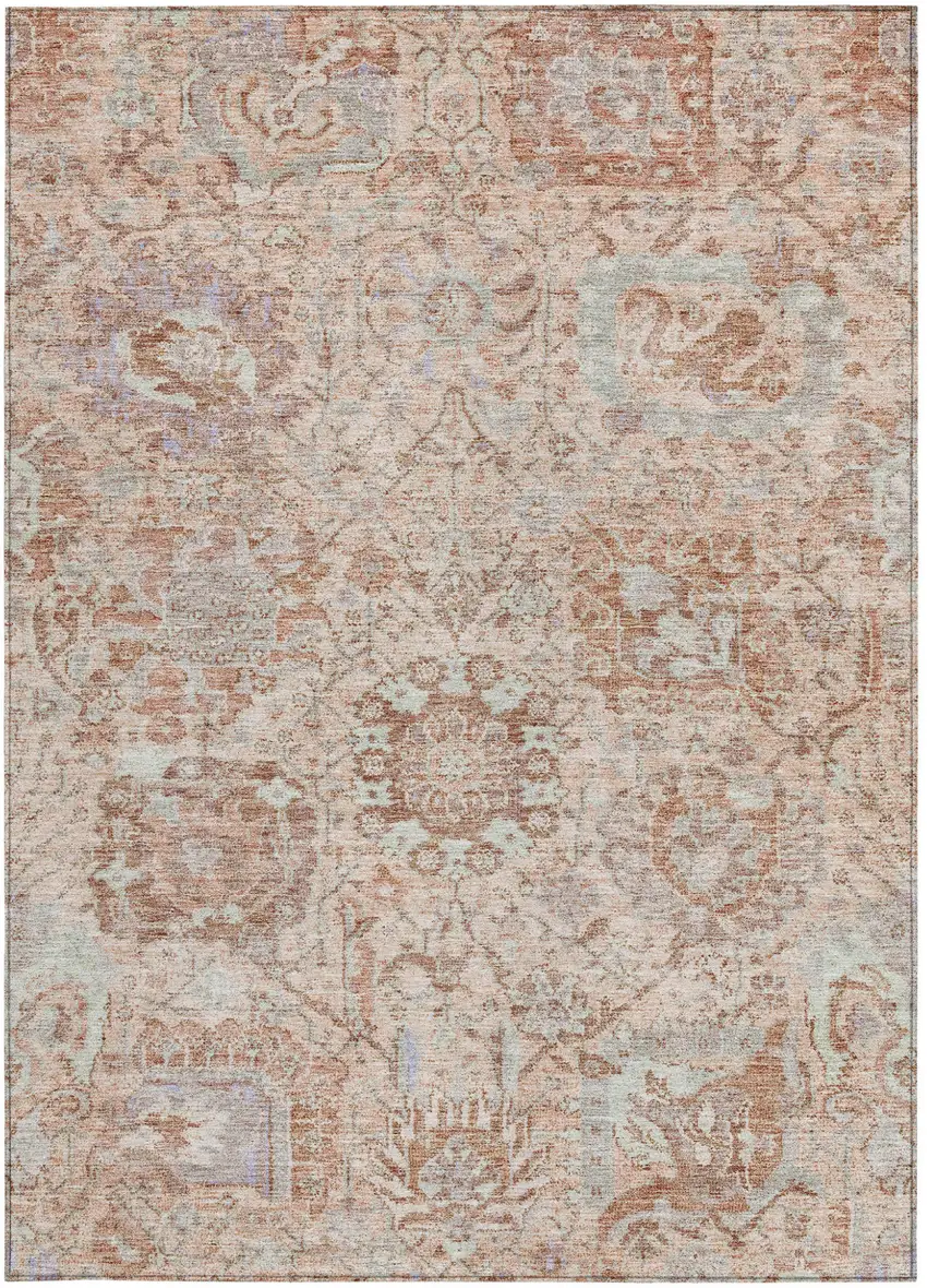 Coral And Gray Damask Washable Indoor Outdoor Area Rug Photo 6