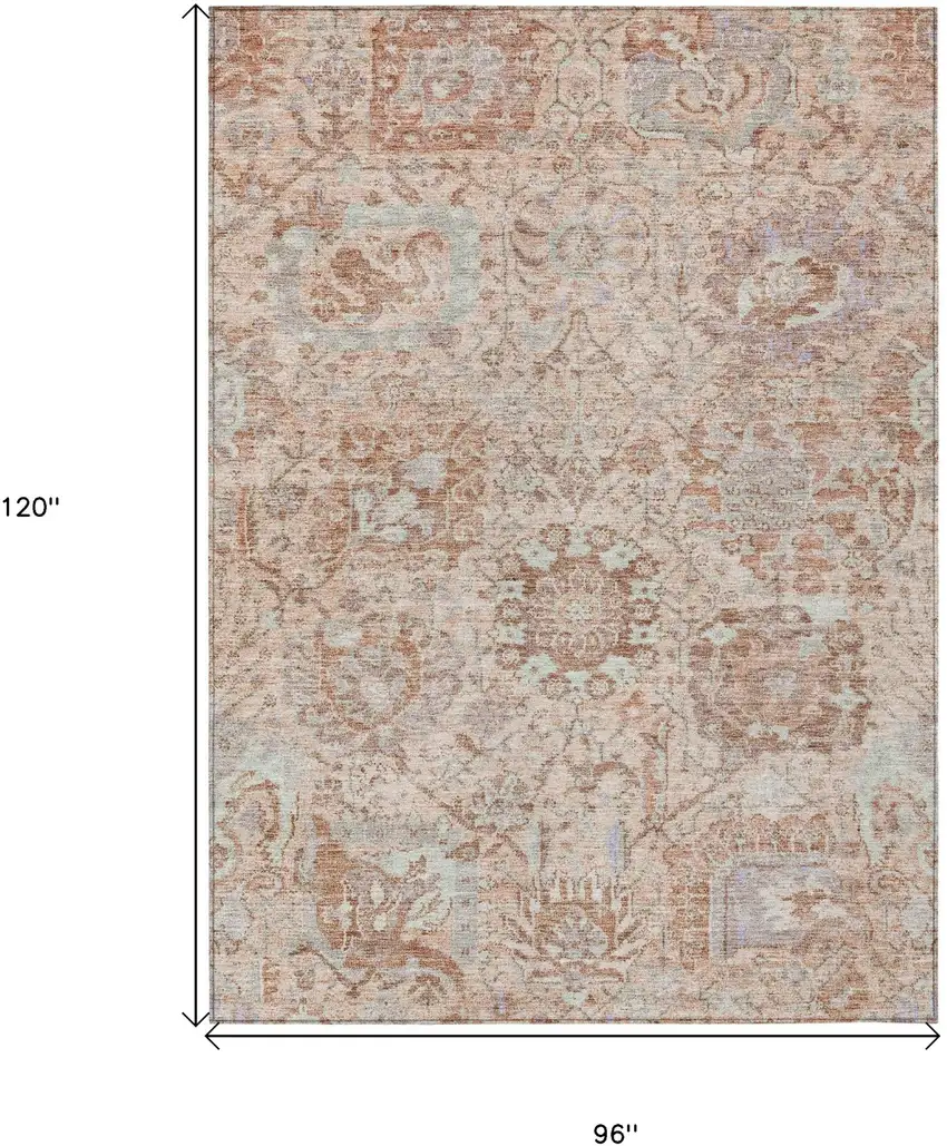 Coral And Gray Damask Washable Indoor Outdoor Area Rug Photo 7