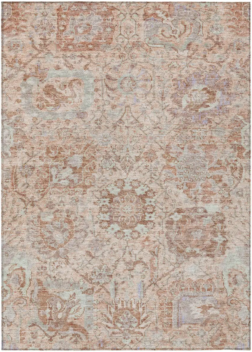 Coral And Gray Damask Washable Indoor Outdoor Area Rug Photo 2