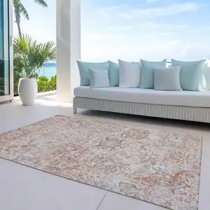 Photo of Coral And Gray Damask Washable Indoor Outdoor Area Rug