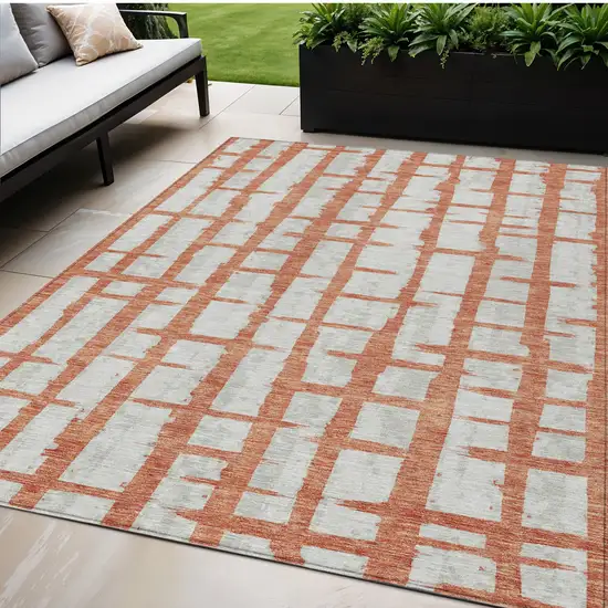 Coral And Gray Striped Washable Indoor Outdoor Area Rug Photo 1
