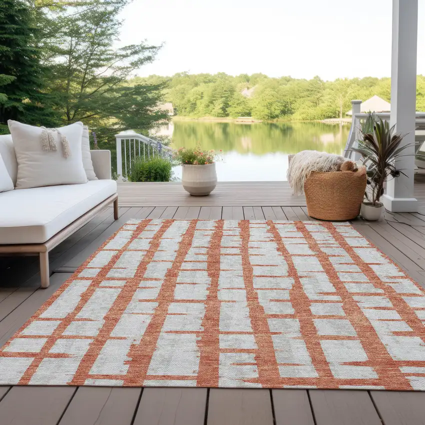 Coral And Gray Striped Washable Indoor Outdoor Area Rug Photo 8