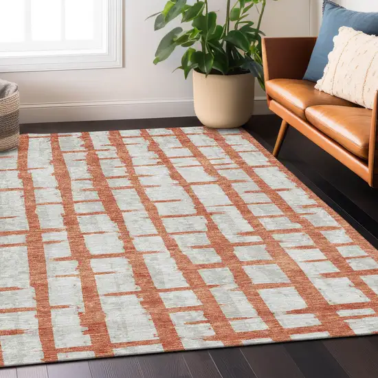 Coral And Gray Striped Washable Indoor Outdoor Area Rug Photo 9