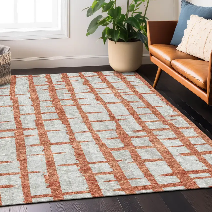 Coral And Gray Striped Washable Indoor Outdoor Area Rug Photo 9