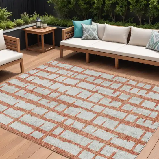 Coral And Gray Striped Washable Indoor Outdoor Area Rug Photo 1