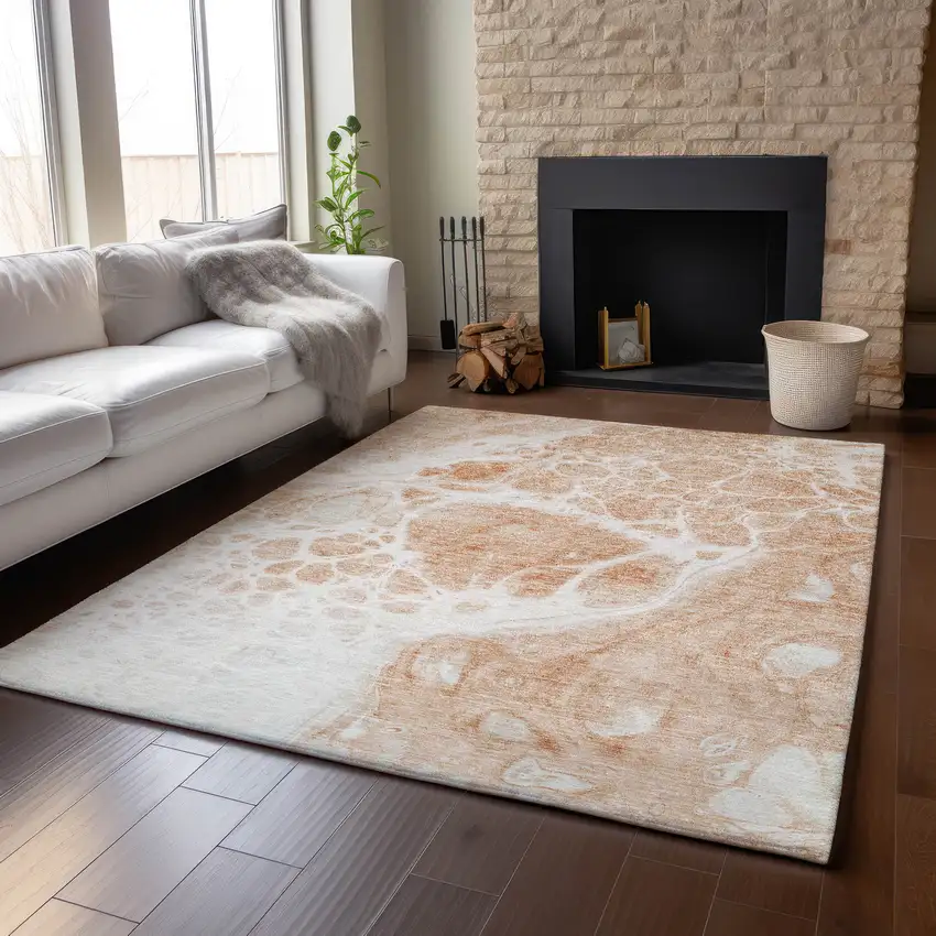 Coral And Ivory Abstract Washable Area Rug With UV Protection Photo 4