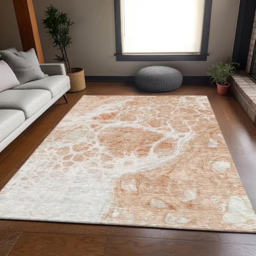 Coral And Ivory Abstract Washable Area Rug With UV Protection Photo 2
